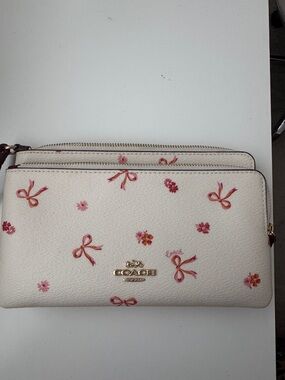 Coach Cream Leather Zip Wallet with Pink & Coral Floral Bows